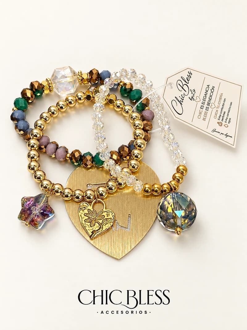 BELIRA LOVE” HEART CHARM & FACETED CRYSTAL BRACELET