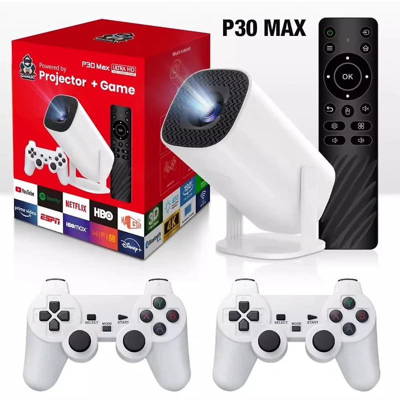 P30 MAX 4K Portable Smart Projector with Built-In Retro Game Console | 100,000h LED | Wi-Fi | Dual Gamepads Included